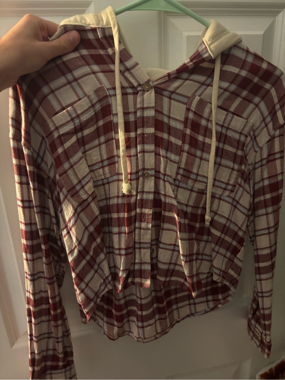 Plaid Hooded Button-Up Shirt - Red & Cream graffiti women’s small